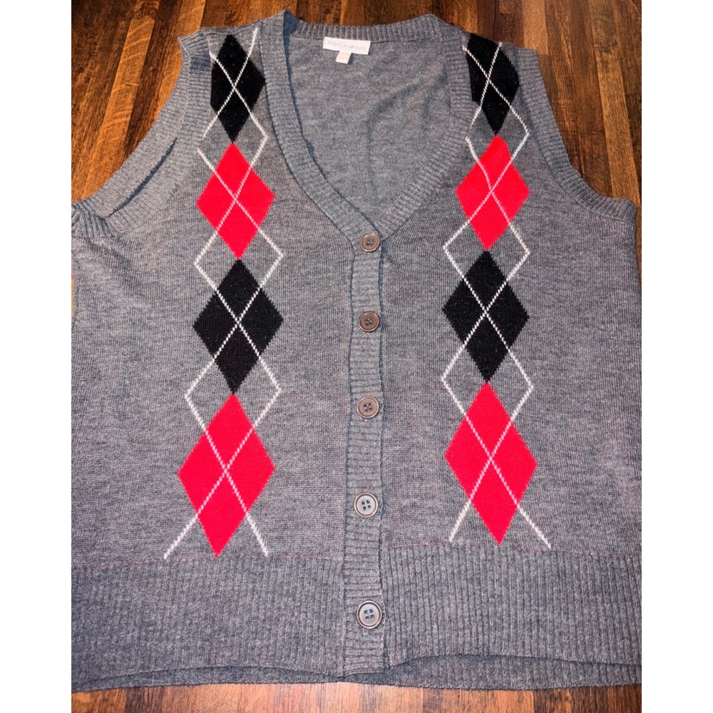 Fashion Bug Gray Argyle Button Front Sweater Vest Womens Plus 18/20W V-Neck